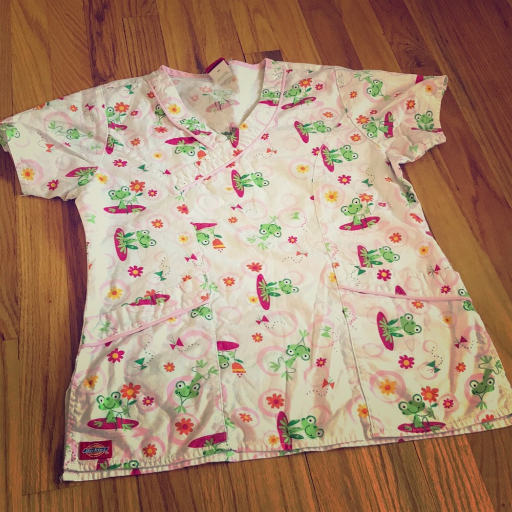 EUC Pink Frog Scrub Top